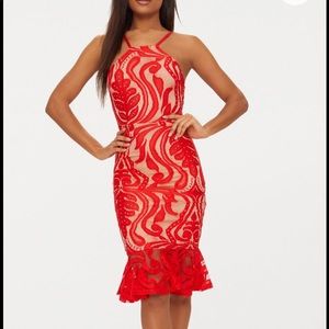 Pretty Little Thing Red Lace Frill Hem Midi Dress